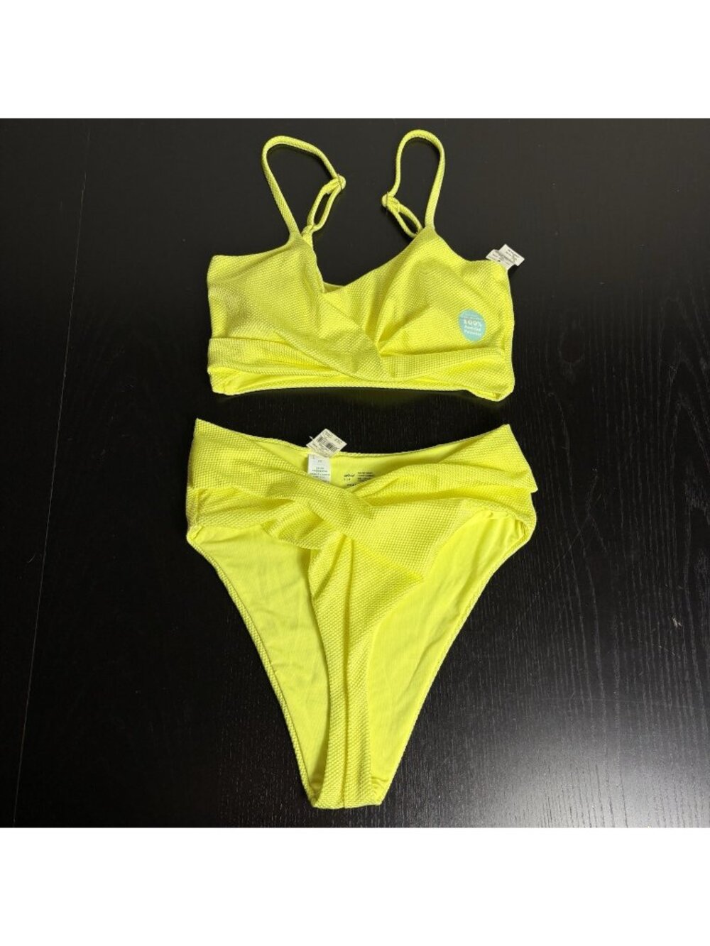 NWT AERIE Womens S Neon Yellow Textured Hi-Cut Cheeky/Scoop Bikini Swimsuit Set